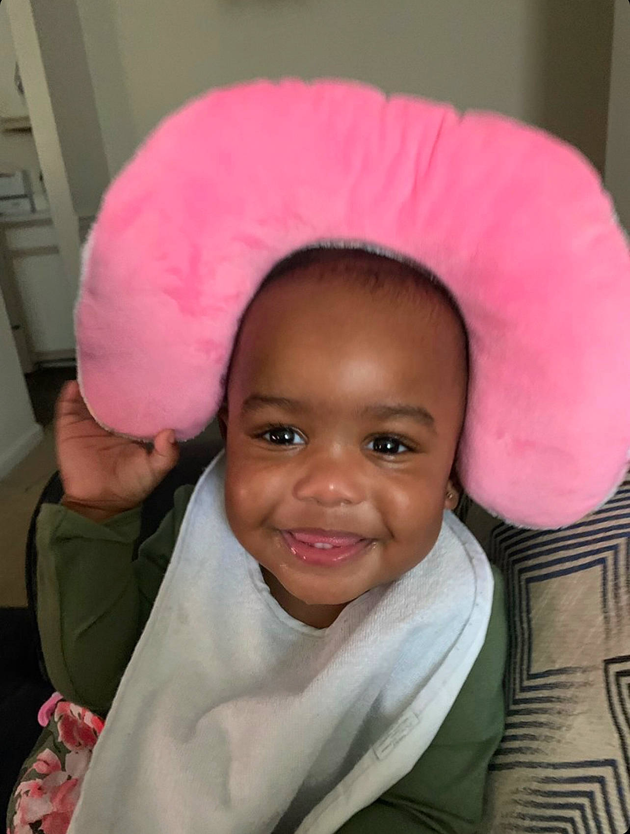 Kalei is registered to the contest to win money with this photo: baby, cap, cheek, child, comfort, ear, eye, eyelash, forehead, happy, iris, jaw, joy, lip, mouth, nose, person, pink, skin, sleeve