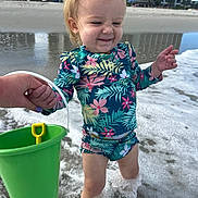 Oakleigh is registered to the contest to win money with this photo: child, toddler, beach, ocean, waves, sand, swimsuit, floral_pattern, bucket, shovel, parent_hand, holding_hands, earrings, splashing, wet_sand, reflection, building, vacation, smile, portrait