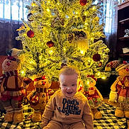Hudson is registered to the contest to win money with this photo: baby, child, infant, christmas_tree, christmas_lights, ornaments, plush_toy, snowman, holiday, smile, sitting, onesie, tree_skirt, cozy, warm_lighting, festive, curtains, home_interior, decorations, floor