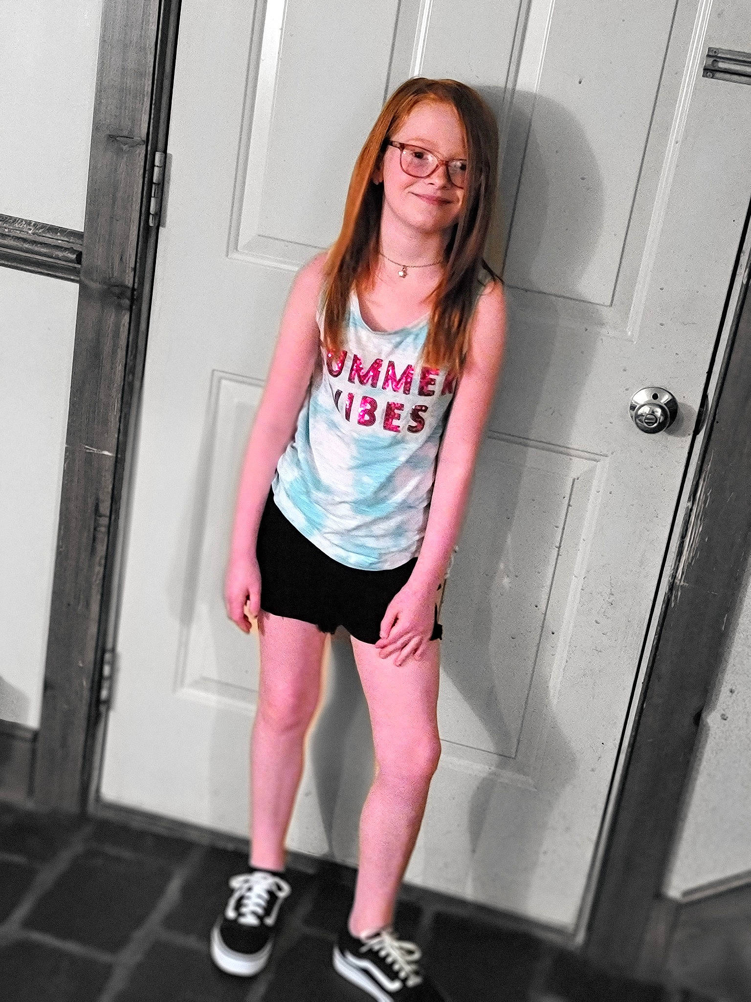 Caylee joined the competition — help win amazing prizes! beauty, door, face, facial_expression, fashion_design, flash_photography, joy, knee, leg, person, pink, shoe, shorts, sleeve, sleeveless_shirt, sneakers, sportswear, standing, street_fashion, t_shirt