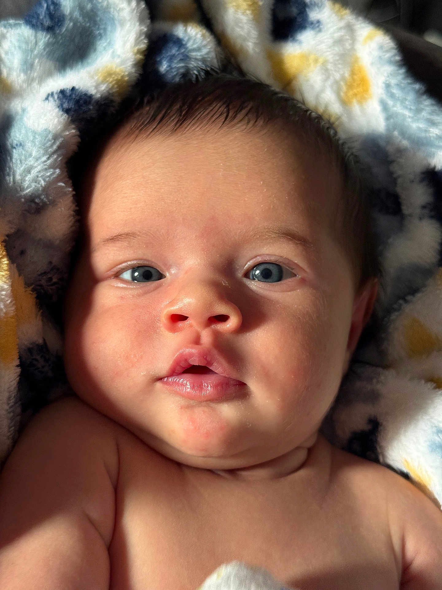 Iris is registered to the contest to win money with this photo: baby, infant, face, blue_eyes, skin, blanket, soft_texture, close_up, portrait, curious, natural_light, cute, child, young, newborn, expression, warm, indoors, head, human