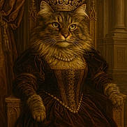 Medusa joined the competition — help win amazing prizes! cat, crown, royalty, throne, dress, pearl_necklace, feline, portrait, regal, luxury, historical, indoor, curtain, ornate, gold, fur, animal, costume, seated, majestic