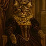 cat, crown, royalty, throne, dress, pearl_necklace, feline, portrait, regal, luxury, historical, indoor, curtain, ornate, gold, fur, animal, costume, seated, majestic