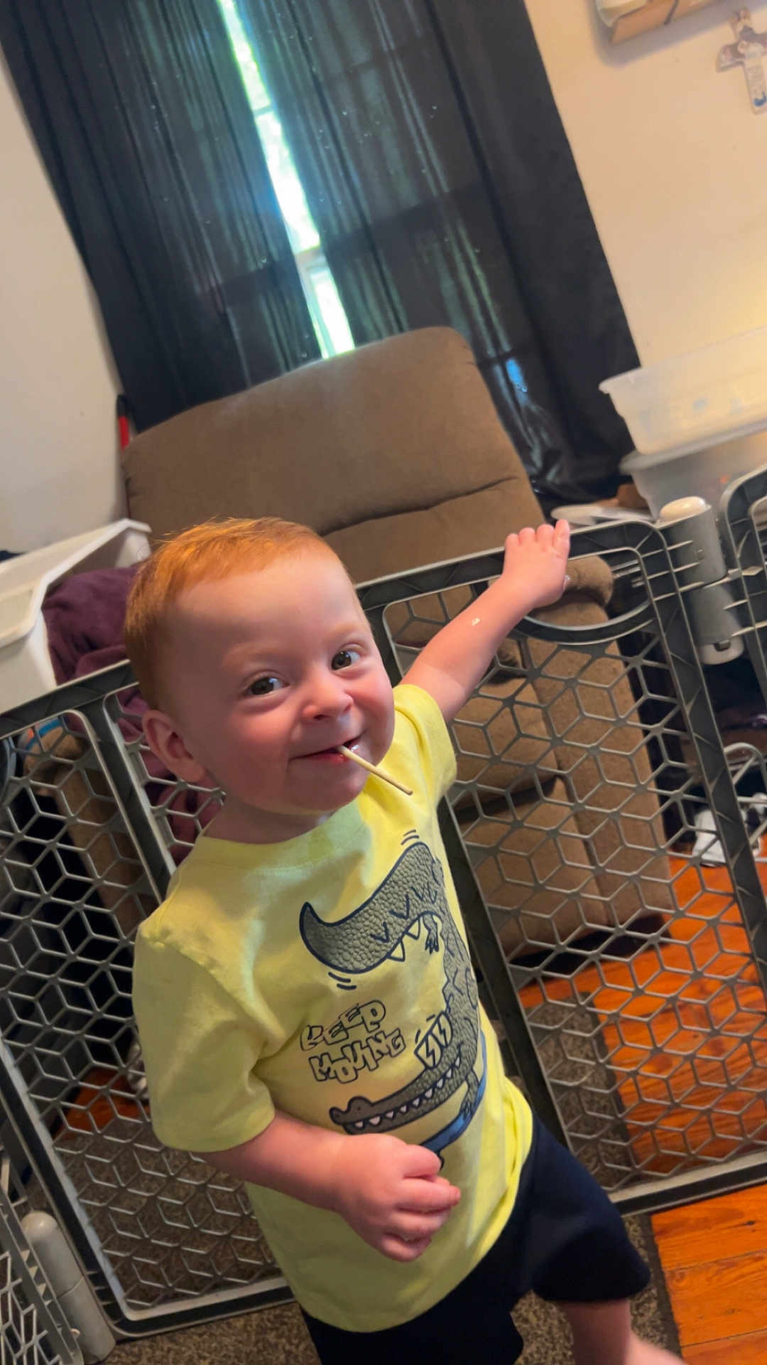 Oliver joined the competition — help win amazing prizes! toddler, child, smiling, yellow_shirt, crocodile_graphic, indoor, living_room, safety_gate, wood_floor, recliner_chair, window, playful, red_hair, shorts, person, cute, happy, chewing, handrail, home