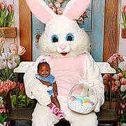 Yaila joined the competition — help win amazing prizes! baby, child, easter_bunny, mascot, basket, easter_eggs, flowers, tulips, bench, costume, portrait, smiling, indoor, holiday, celebration, spring, person, dress, pink, blue