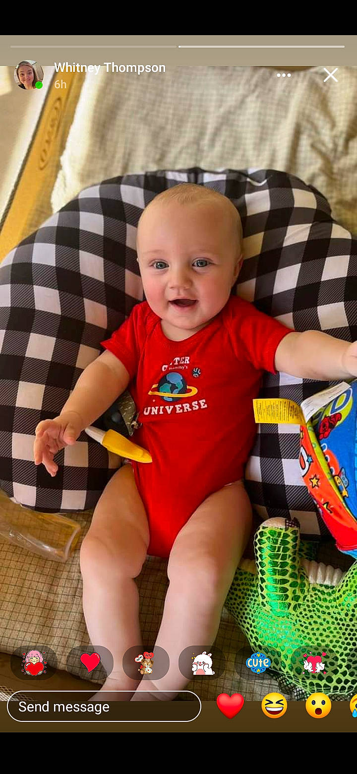 Kolby joined the competition — help win amazing prizes! baby, baby_toddler_clothing, cheek, child, eye, face, fun, happy, head, human_leg, iris, pattern, person, product, skin, sleeve, smile, t_shirt, textile, thigh