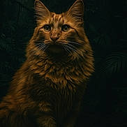 Braquo participe au concours pour gagner de l'argent avec cette photo : cat, orange_cat, fluffy, long_hair, animal, pet, portrait, sitting, forest, dark_background, moody_lighting, whiskers, ears, eyes, nature, mammal, feline, quiet, still_life, wild