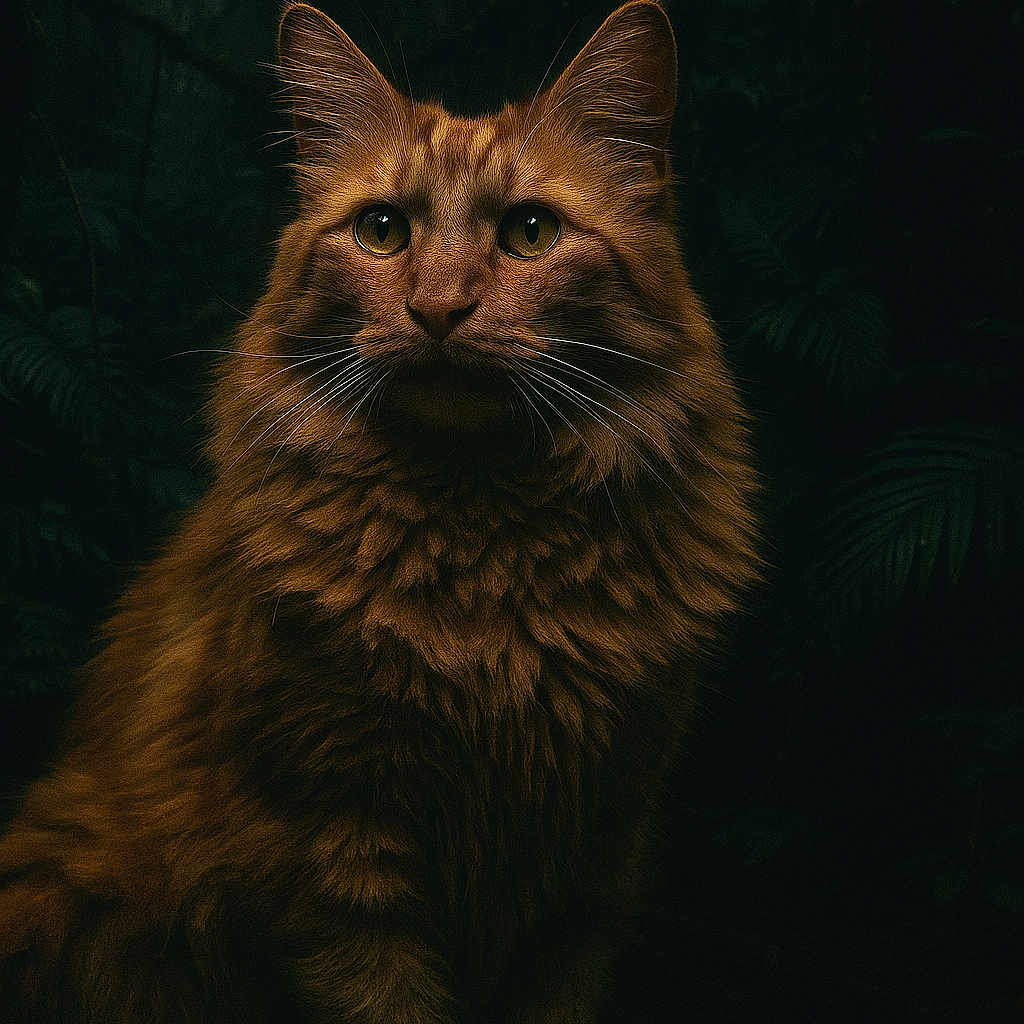 Braquo participe au concours pour gagner de l'argent avec cette photo : animal, cat, dark_background, ears, eyes, feline, fluffy, forest, long_hair, mammal, moody_lighting, nature, orange_cat, pet, portrait, quiet, sitting, still_life, whiskers, wild