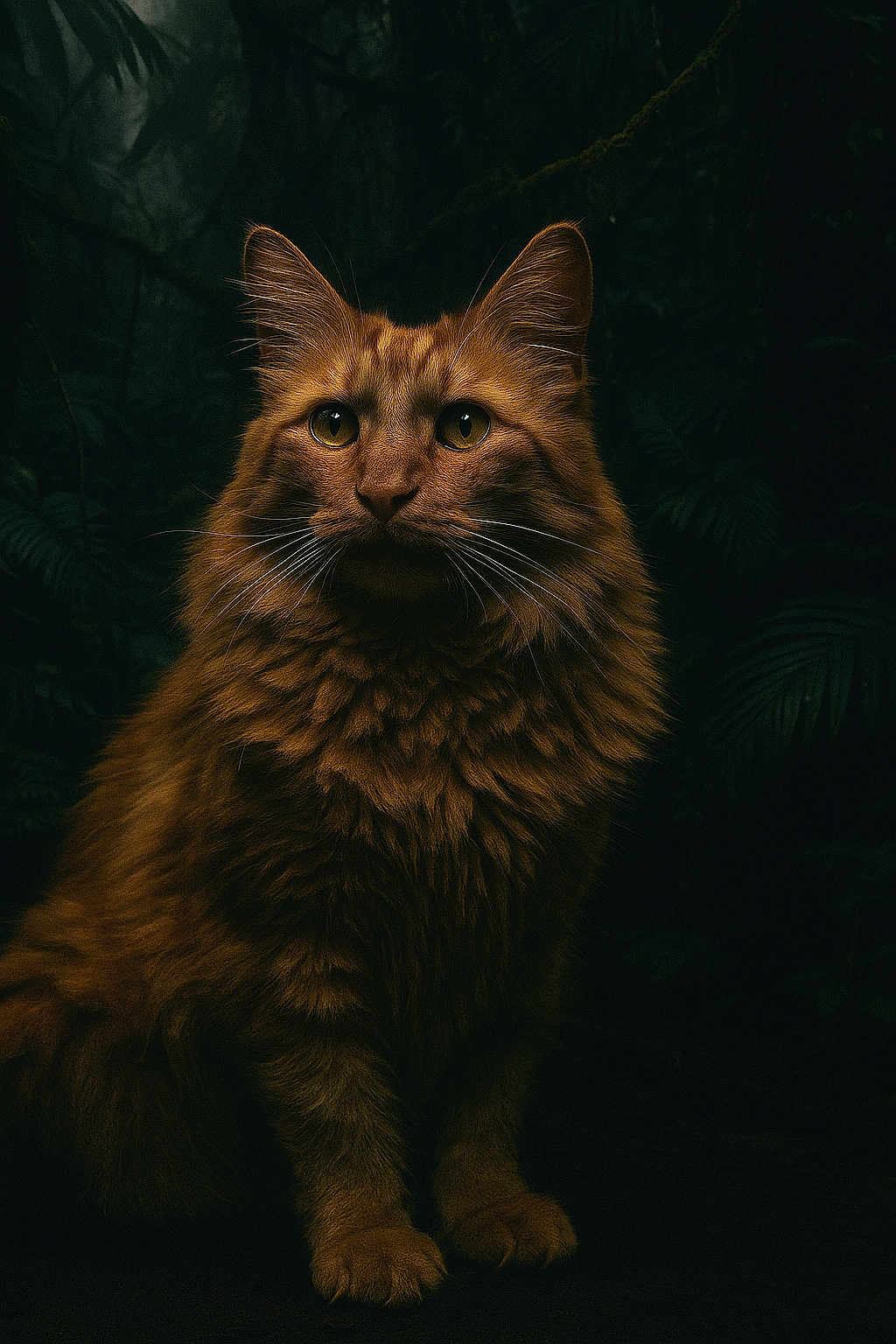 Braquo participe au concours pour gagner de l'argent avec cette photo : cat, orange_cat, fluffy, long_hair, animal, pet, portrait, sitting, forest, dark_background, moody_lighting, whiskers, ears, eyes, nature, mammal, feline, quiet, still_life, wild