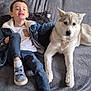 animal, blanket, blue_pants, boy, child, companionship, couch, denim_jacket, dog, furniture, home, husky, indoor, pet, portrait, relaxed, smiling, sneakers, socks, white_shirt
