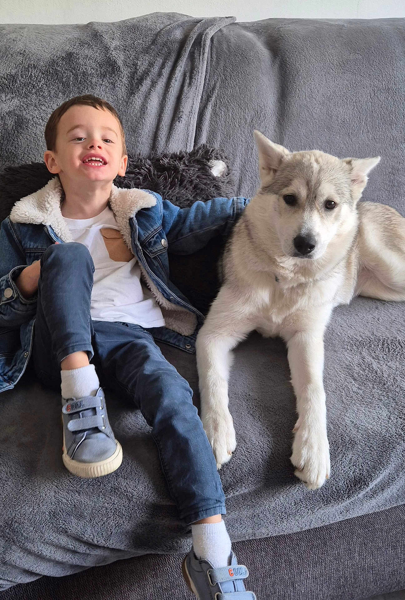 Tiago a rejoint le concours — aidez-le/la à gagner de superbes lots ! child, boy, dog, husky, pet, couch, blanket, denim_jacket, white_shirt, blue_pants, sneakers, socks, indoor, smiling, relaxed, companionship, furniture, home, animal, portrait