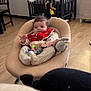 baby, baby_seat, casual, child, cozy, crib, cute, furniture, happy, home, indoor, infant, mobile_toys, person, playful, red_bib, relaxed, smiling, soft_toys, wooden_floor