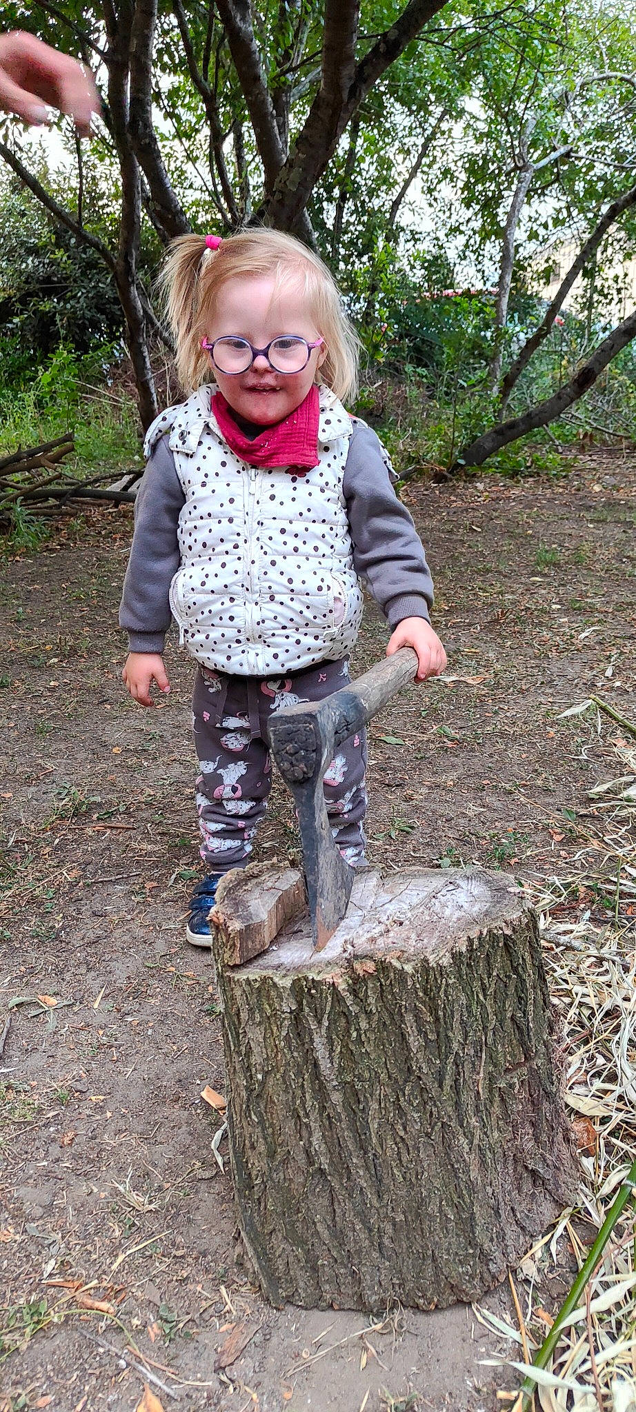 Lyna a rejoint le concours — aidez-le/la à gagner de superbes lots ! baby_toddler_clothing, child, forest, fun, grass, hatchet, joy, logging, pattern, people_in_nature, person, plant, smile, soil, toddler, tree, tree_stump, trunk, wood, woodland