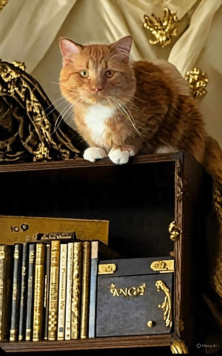 Chewy joined the competition — help win amazing prizes! cat, orange_cat, white_paws, bookshelf, books, antique_books, decorative_boxes, ornate_furniture, gold_accent, drapery, curious_cat, indoor, pet, feline, sitting_cat, library, wooden_shelf, luxury, interior, furniture