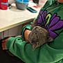 arm, blurred_background, casual_clothing, cat, comfort, cozy, curious, domestic, feline, gray_cat, green_hoodie, holding, indoor, kitchen, person, pet, relaxed, resting, seated, table