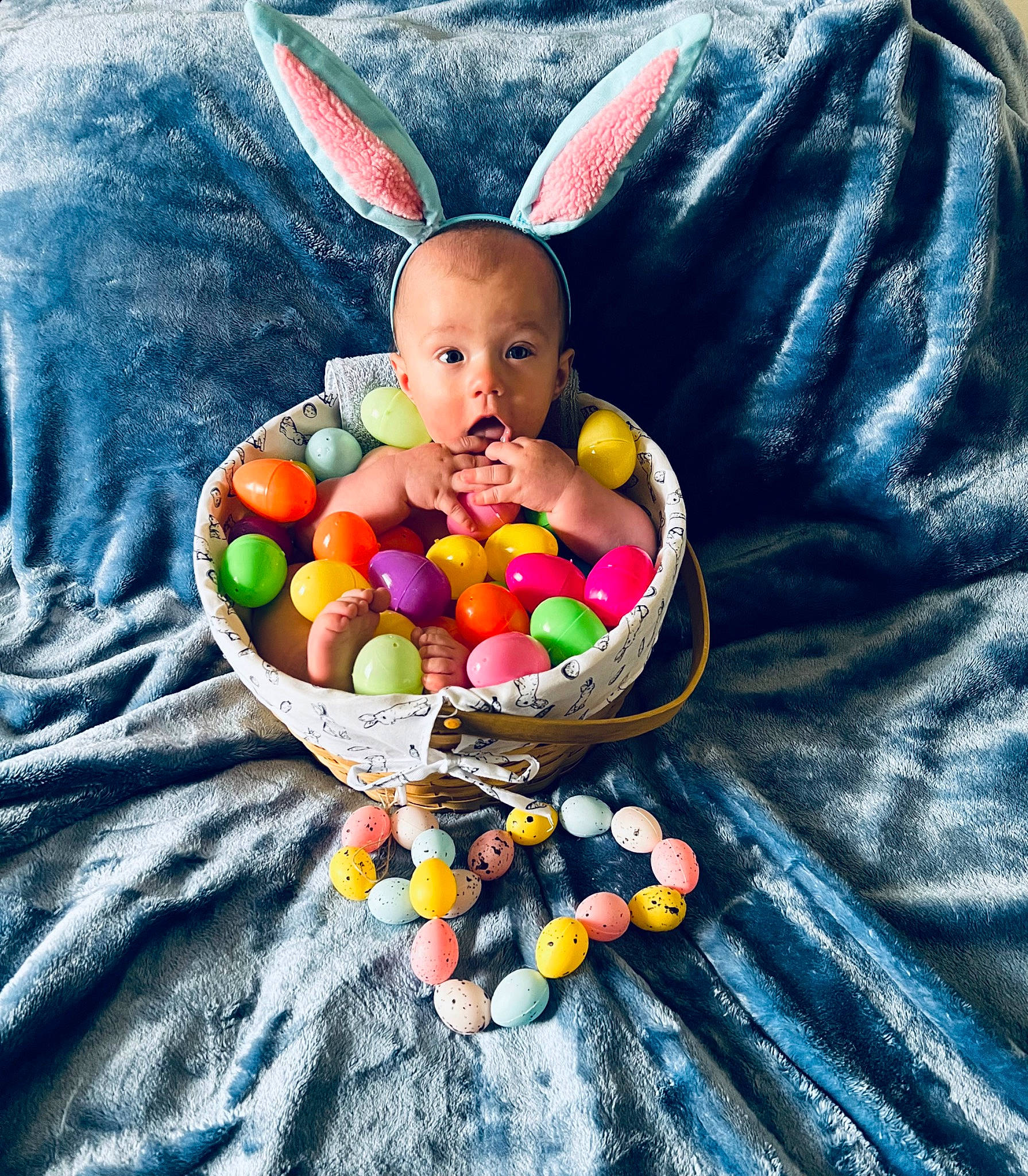 Nash joined the competition — help win amazing prizes! baby, baby_products, basket, child, easter, easter_bunny, easter_egg, event, fashion_accessory, food, happy, linens, natural_foods, person, stuffed_toy, surprise, sweetness, tableware, textile, toddler