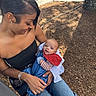 Joshua joined the competition — help win amazing prizes! baby, bench, bracelet, casual_clothing, child, denim_overalls, earring, happy, holding, jeans, mulch, nature, outdoor, parent_and_child, portrait, red_bib, smiling, sunlight, tree, woman
