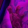 kitten, sleeping, blanket, starfish_pattern, purple_light, cozy, furry, pet, animal, indoor, resting, cute, small, soft_texture, paw, face, fur, relaxation, comfort, closeup