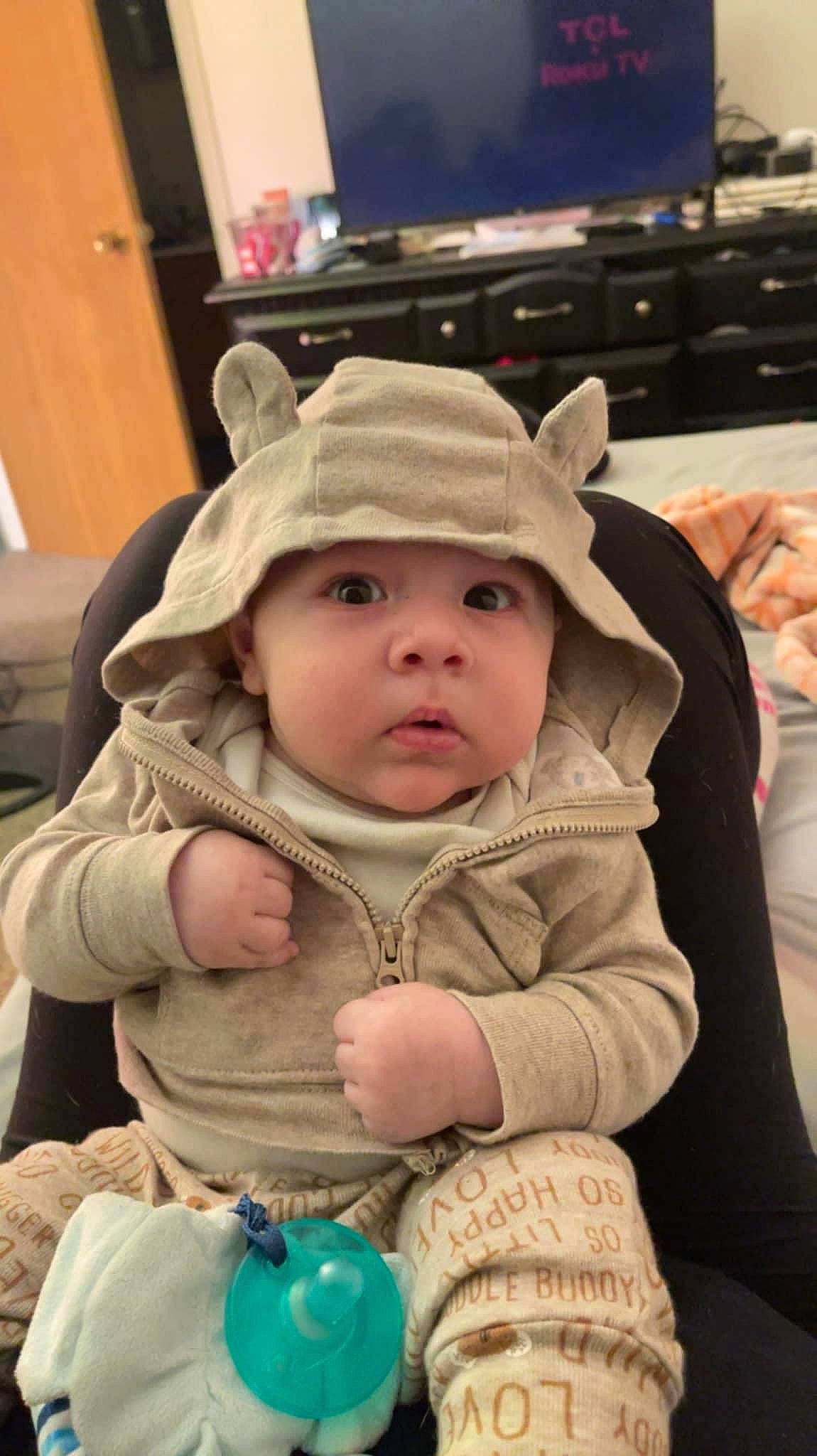 Atreus joined the competition — help win amazing prizes! baby, baby_toddler_clothing, cap, cheek, child, computer_keyboard, fashion_accessory, fun, fur, happy, headwear, hoodie, iris, peripheral, person, portrait_photography, sitting, toddler, winter