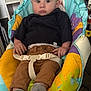 Maëlo participe au concours pour gagner de l'argent avec cette photo : baby, child, infant, baby_seat, padded_seat, blue_sweater, brown_pants, gray_socks, curious_expression, indoor, colorful, playful_pattern, seatbelt, sitting, young_child, person, cute, pale_skin, short_hair, photograph