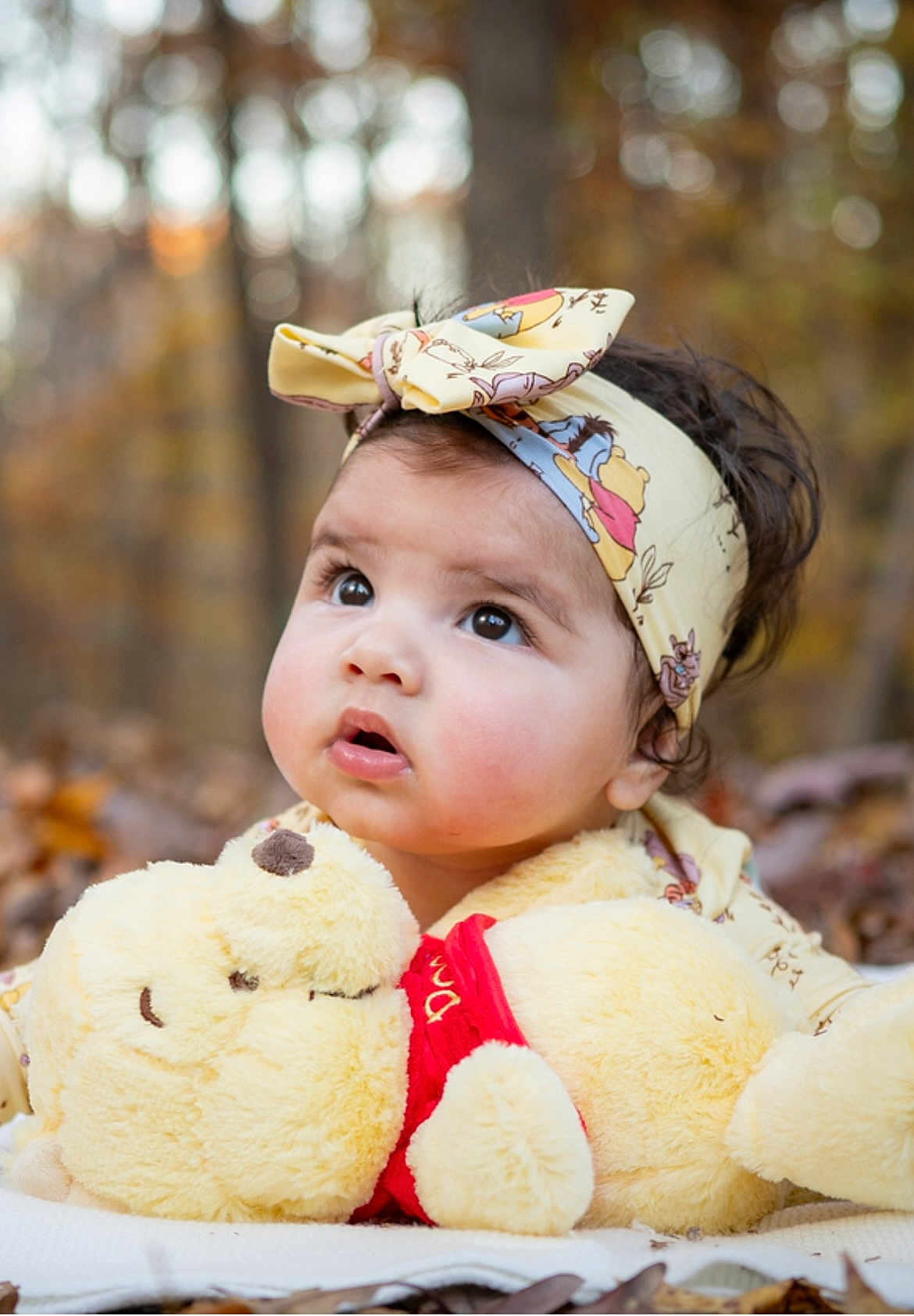 Kate joined the competition — help win amazing prizes! baby, child, face, headband, plush_toy, stuffed_animal, winnie_the_pooh, autumn, outdoor, forest, leaves, curly_hair, cute, expression, portrait, soft_lighting, closeup, cuddly, toy, nature