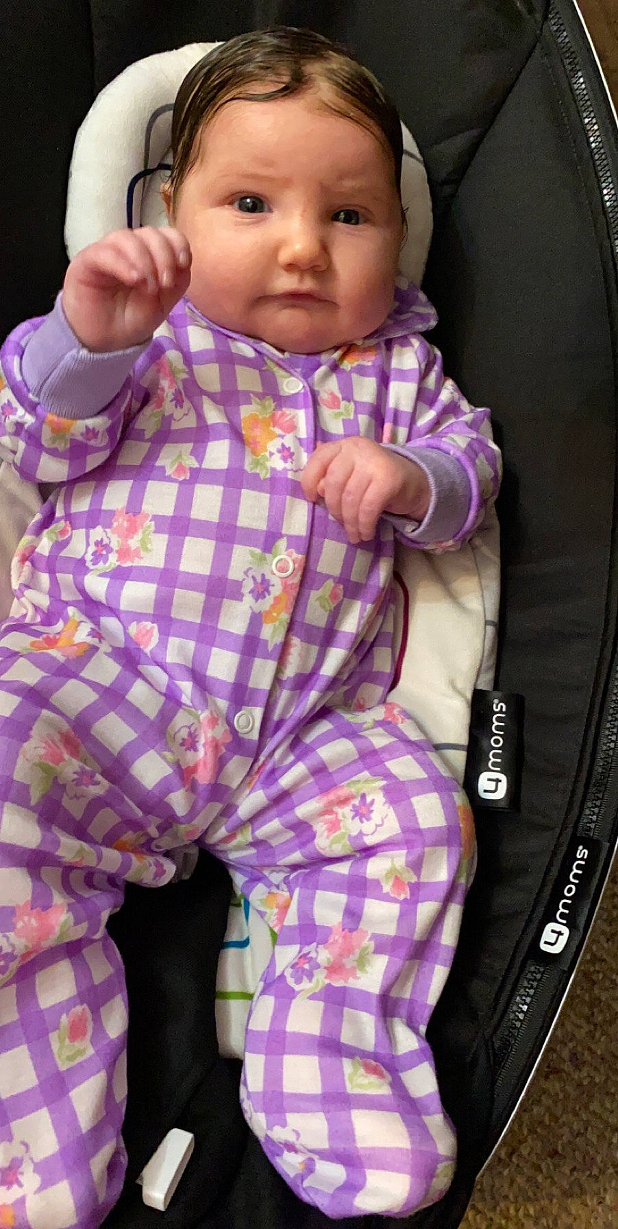 Alia joined the competition — help win amazing prizes! baby, baby_products, baby_toddler_clothing, car_seat, cheek, child, eye, nose, person, pink, plaid, product, purple, skin, toddler