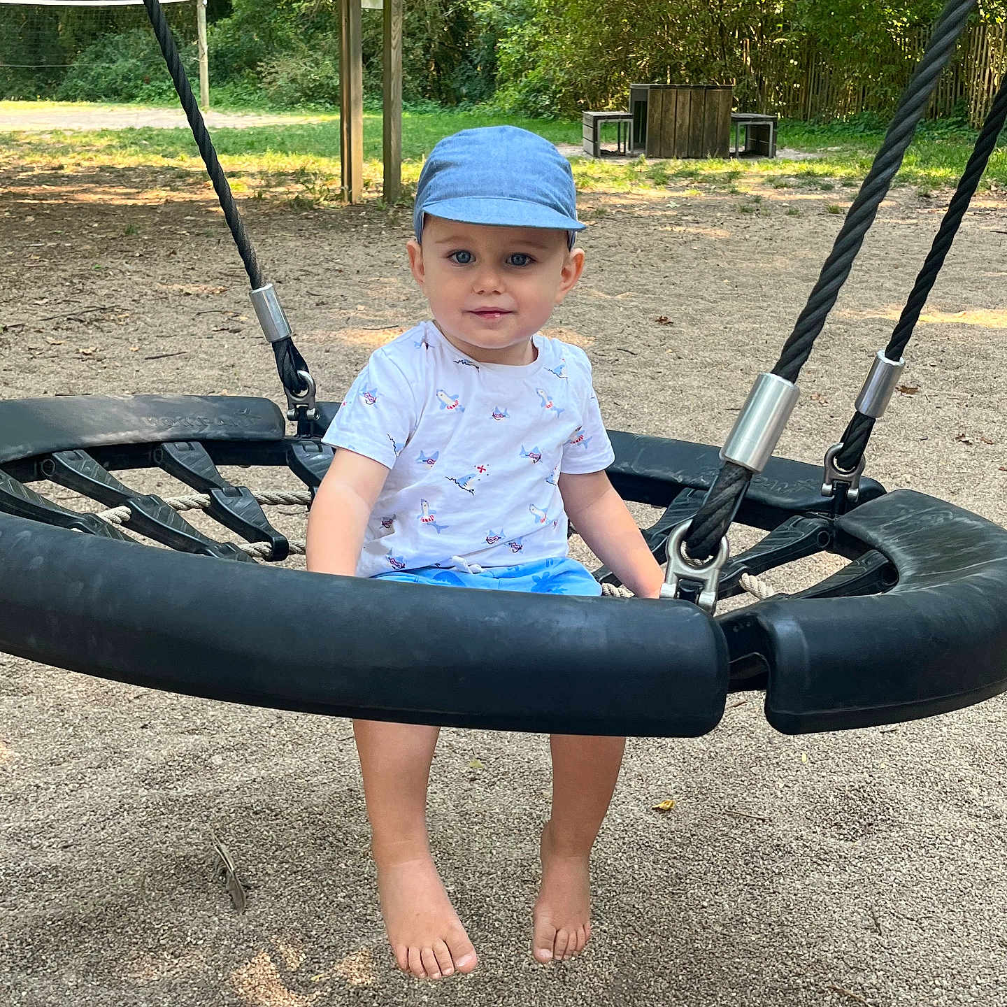 Jaxon a rejoint le concours — aidez-le/la à gagner de superbes lots ! barefoot, blue_clothing, cap, casual, child, daylight, fun, nature, outdoor, park, play, playground, rope_swing, sand, summer, swing, toddler, trees, white_shirt, young_child