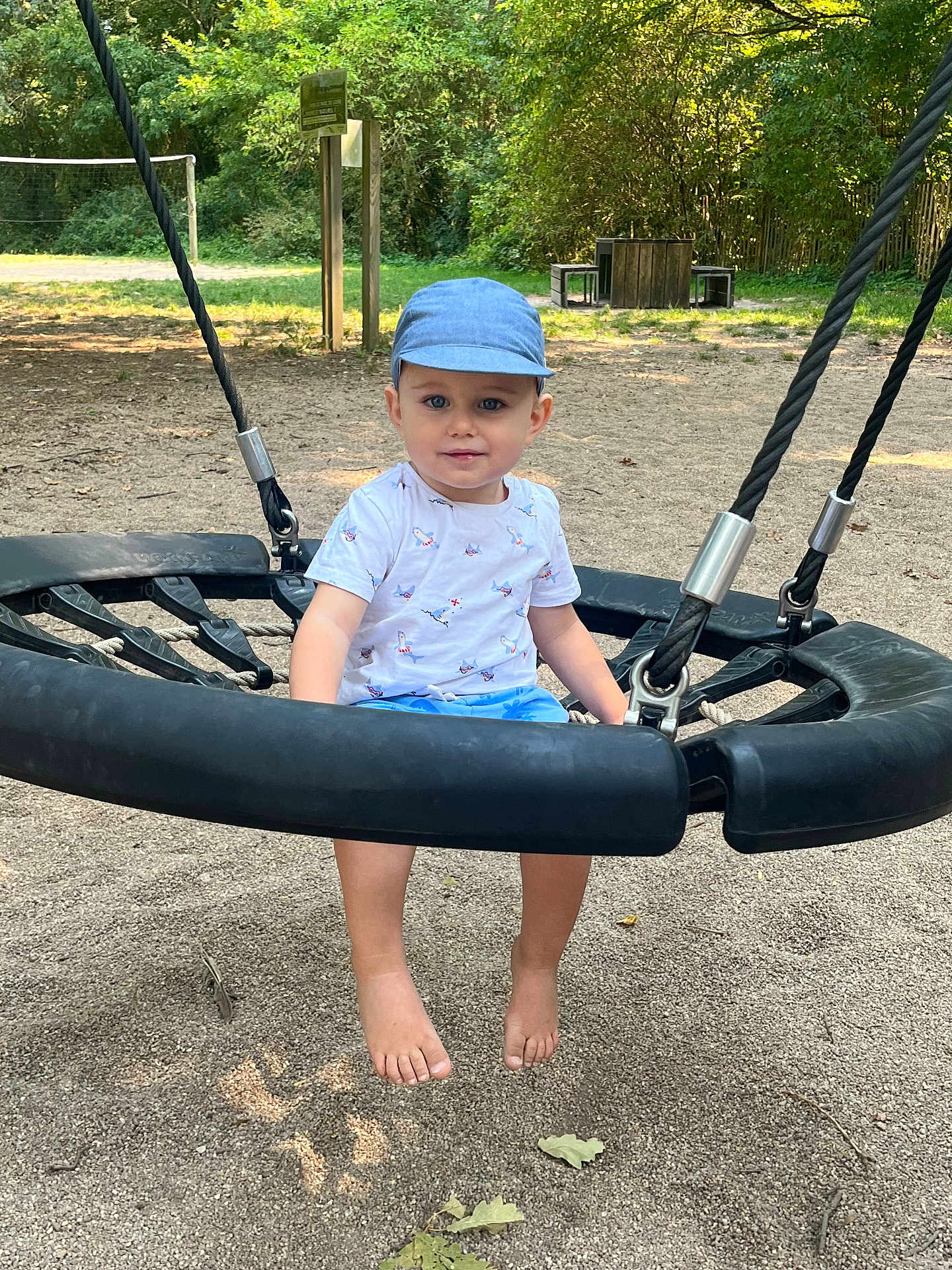 Jaxon a rejoint le concours — aidez-le/la à gagner de superbes lots ! child, toddler, swing, playground, cap, barefoot, sand, trees, outdoor, summer, blue_clothing, white_shirt, play, fun, park, rope_swing, young_child, nature, daylight, casual