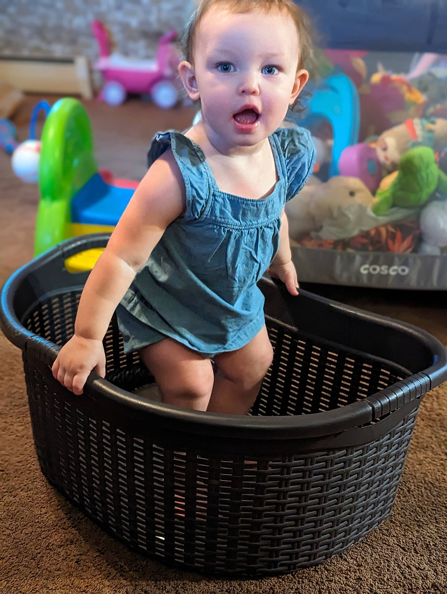 Athena is registered to the contest to win money with this photo: automotive_tire, baby, baby_toddler_clothing, beauty, blue, child, electric_blue, fun, grass, green, happy, leisure, pattern, people_in_nature, person, photograph, play, recreation, sitting, surprise