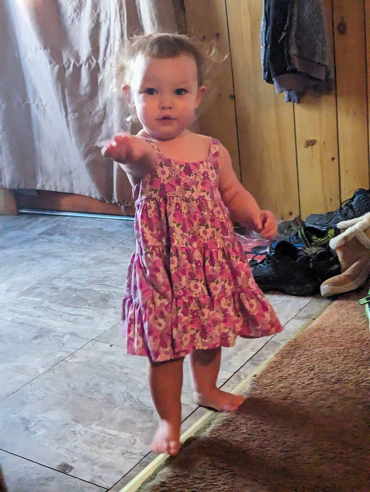 Athena joined the competition — help win amazing prizes! baby_toddler_clothing, child, day_dress, dress, event, fashion_design, floor, flooring, fun, happy, human_leg, joint, magenta, one_piece_garment, person, pink, purple, shoulder, skin, toddler