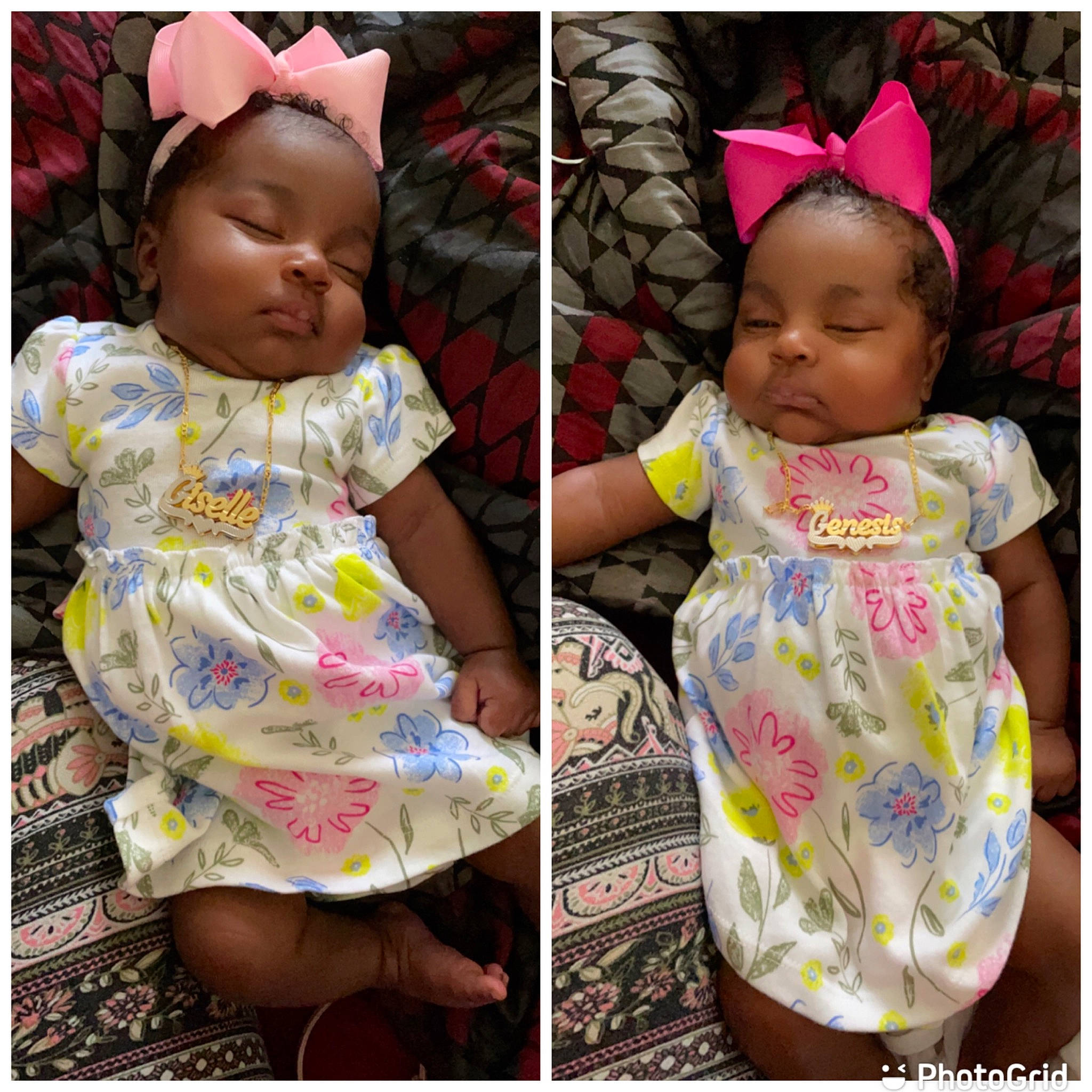 Genesis And Giselle Grady is registered to the contest to win money with this photo: arm, baby, baby_toddler_clothing, clothing, dress, fashion, hand, happy, headgear, human, mammal, outerwear, people, person, photograph, pink, purple, skin, sleeve, toddler