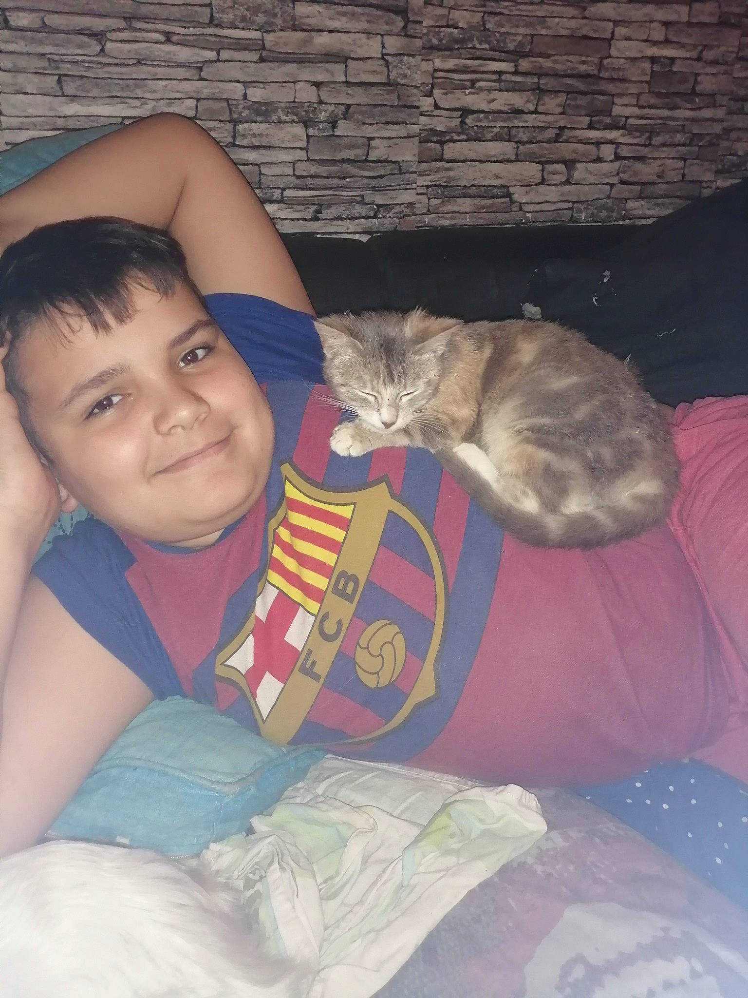 Erwan participe au concours pour gagner de l'argent avec cette photo : carnivore, cat, child, ear, eye, fawn, felidae, joy, kitten, lap, leg, person, small_to_medium_sized_cats