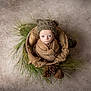 baby, infant, basket, blanket, knit_hat, brown, pine_needles, pine_cones, wrapped, cozy, portrait, studio, cute, newborn, wide_eyes, expression, soft_texture, natural_elements, top_view, still_life