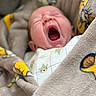 Maïden participe au concours pour gagner de l'argent avec cette photo : baby, newborn, yawning, blanket, cozy, wrapped, sleepy, cute, infant, soft_texture, bear_pattern, clothing, child, portrait, face, mouth_open, indoor, closeup, resting, comfort