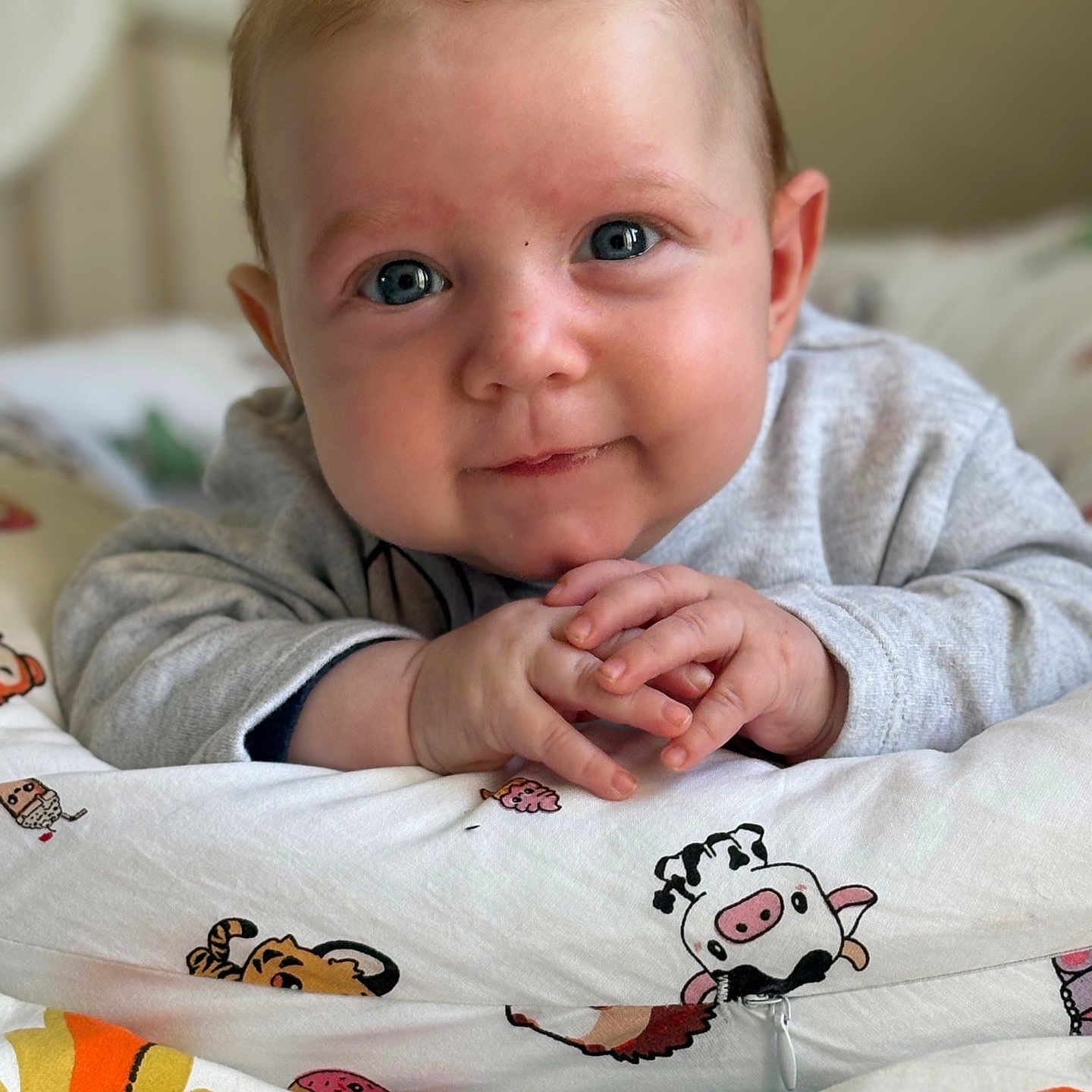Maïden a rejoint le concours — aidez-le/la à gagner de superbes lots ! baby, infant, child, face, hands, blue_eyes, smile, blanket, cartoon, animal_print, bed, clothing, sleeve, portrait, cute, indoors, skin, head, resting, closeup