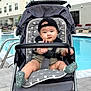 Bosco is registered to the contest to win money with this photo: baby, stroller, pool, building, window, sidewalk, cap, socks, child, outdoor, hand, curious, seated, modern, urban, daylight, person, waving, infant, grip_socks