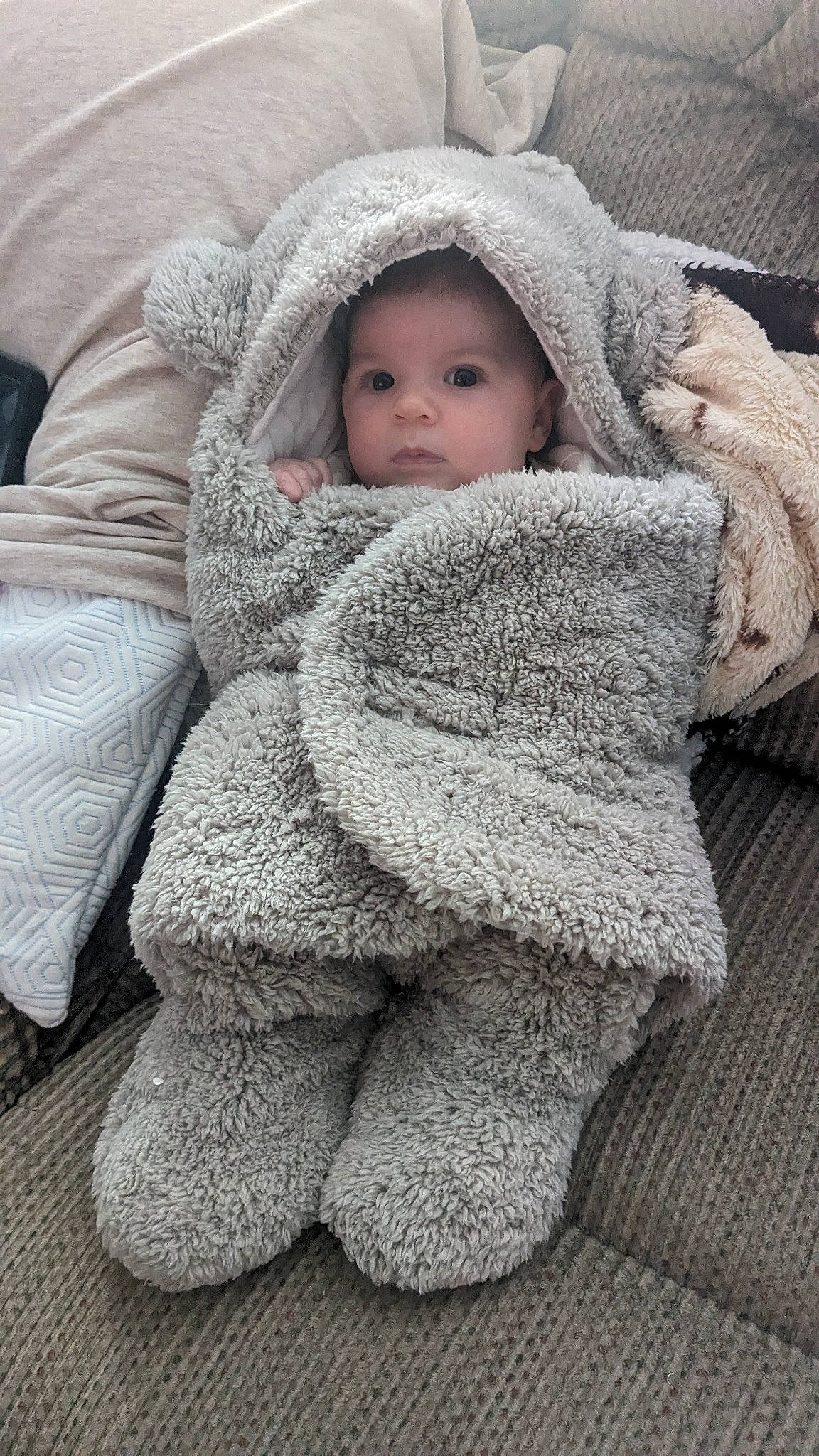 Willow is registered to the contest to win money with this photo: baby, baby_sleeping, baby_toddler_clothing, carpet, cheek, child, comfort, flooring, fur, grey, headwear, knit_cap, linens, outerwear, person, sitting, skin, sleeve, toddler, winter