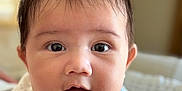 Liam joined the competition — help win amazing prizes! baby, infant, face, hair, eyes, mouth, cute, expression, closeup, portrait, child, clothing, soft, indoors, skin, cheeks, curious, young, person, head