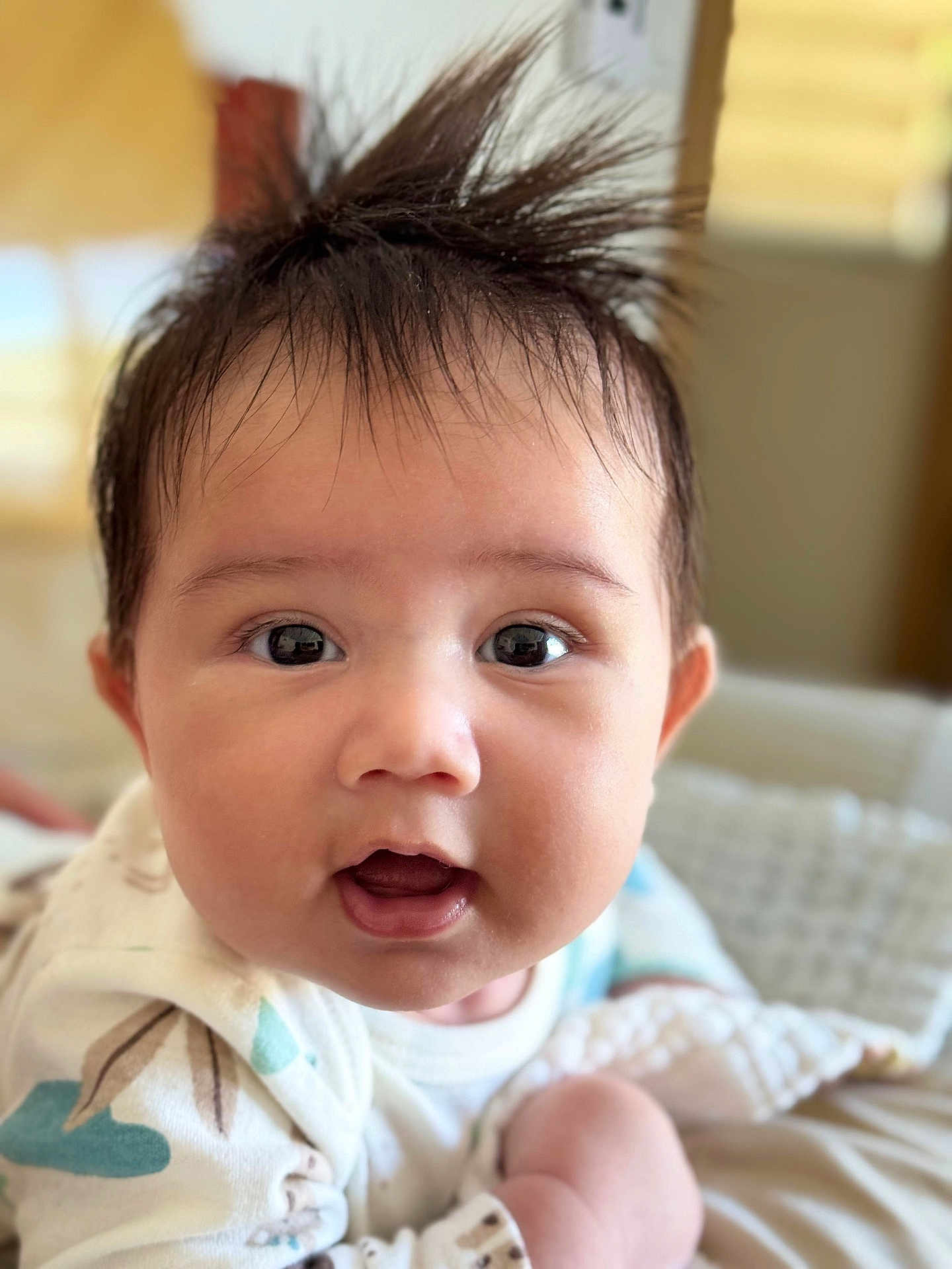 Liam joined the competition — help win amazing prizes! baby, infant, face, hair, eyes, mouth, cute, expression, closeup, portrait, child, clothing, soft, indoors, skin, cheeks, curious, young, person, head