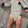 Liam is registered to the contest to win money with this photo: baby, smiling, hoodie, striped_clothing, onesie, socks, lying_down, bed_sheet, happy, infant, child, cute, chubby_legs, indoors, portrait, person, fabric, skin, relaxed, joyful
