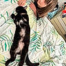 cat, child, petting, cuddling, bed, bedroom, indoors, black_and_white_cat, lying_down, belly_up, relaxed, sleepy, animal, human, long_hair, striped_bedding, comforter, home, portrait, playful