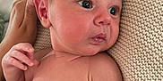 Baker is registered to the contest to win money with this photo: baby, infant, blanket, knitted, hand, skin, face, eyes, expression, newborn, cozy, warmth, person, portrait, indoors, soft, resting, cute, child, human