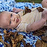 Miles joined the competition — help win amazing prizes! baby, infant, child, blanket, crochet, leaves, autumn, fall, outdoor, striped_clothing, onesie, tongue, face, blue, white, yellow, skin, person, nature, cute