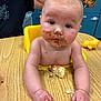 Arabella joined the competition — help win amazing prizes! baby, messy_face, chocolate, high_chair, table, toy, cake, hands, blue_eyes, wooden_table, indoor, child, curious, candid, yellow, cabinet, food, playful, meal, toddler