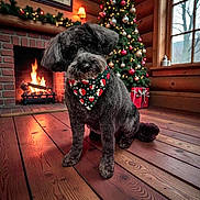 Milly is registered to the contest to win money with this photo: animal, bandana, black_dog, christmas_lights, christmas_tree, cozy, decorations, dog, festive, fireplace, fur, gift_box, holiday_decor, home, indoors, mammal, pet, warmth, window, wooden_floor