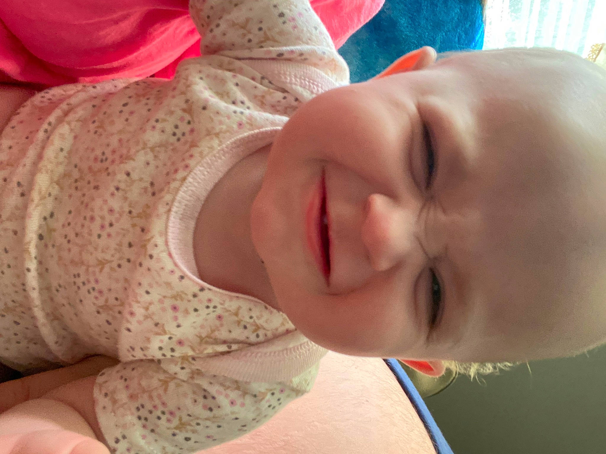 Meadow is registered to the contest to win money with this photo: arm, baby, baby_toddler_clothing, cheek, chin, ear, eye, eyebrow, face, finger, happy, human_body, iris, lip, mouth, nose, person, pink, skin, sleeve