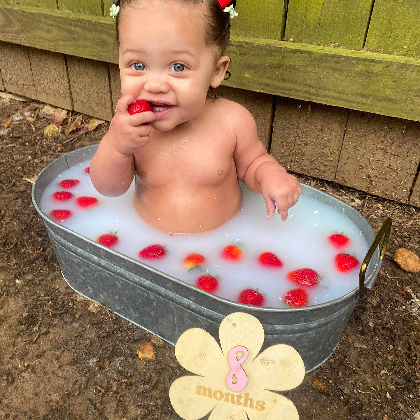 Paisley is registered to the contest to win money with this photo: baby, bathing, bathtub, clothing, dress, face, flower, grass, head, jar, person, petal, photography, plant, planter, portrait, pottedplant, soil, summer, tub