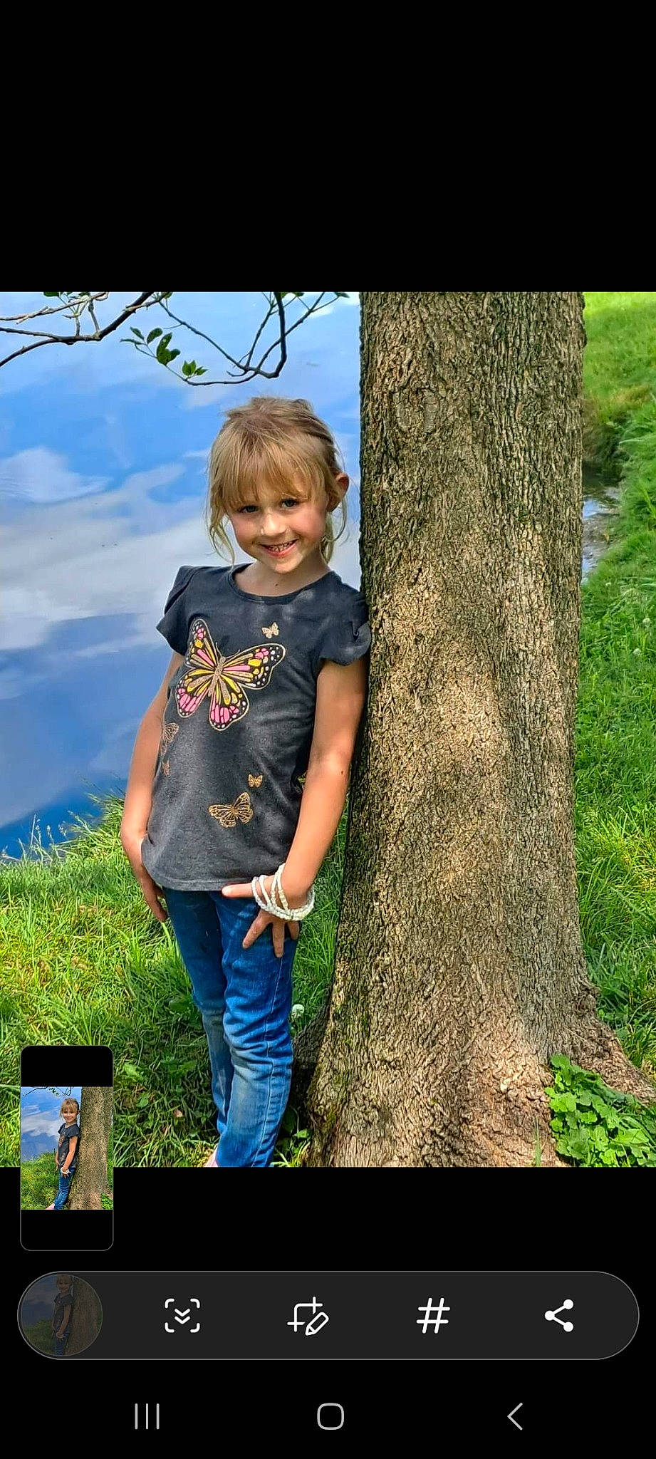 Amy joined the competition — help win amazing prizes! child, denim, electric_blue, flash_photography, fun, gesture, grass, happy, joy, leaf, leisure, people_in_nature, person, plant, sky, smile, t_shirt, toddler, tree, trunk