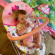 Alice joined the competition — help win amazing prizes! baby, infant, pacifier, baby_chair, minnie_mouse, colorful, playmat, toy, floor, wooden_floor, clothing, cute, child, indoors, looking_up, sitting, pink, white, patterned, comfort