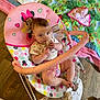 baby, infant, pacifier, baby_chair, minnie_mouse, colorful, playmat, toy, floor, wooden_floor, clothing, cute, child, indoors, looking_up, sitting, pink, white, patterned, comfort